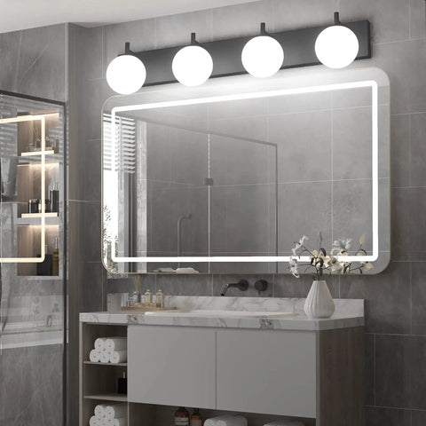 Slick Matte Black 4 Lights Bathroom Vanity Light Fixtures With Milky Glass Globes above a modern bathroom mirror