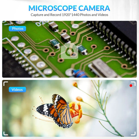 Wireless Handheld Digital Microscope for Kids and Adults, 50x to 1000x Magnification, 360 Degree Rotating Stand, Compatible With iPhone iPad Android Phones and Tablets, Portable, Great for Learning and Exploration, circuit board and butterfly images
