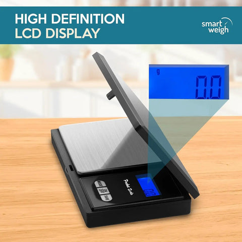 Pocket Size Digital Scale With 200g Capacity And 0.01g Precision showing high definition LCD display on wooden surface
