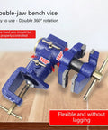 High Strength Carbon Steel Woodworking Bench Vise With 360 Rotation And Dual Control Clamps For Precise Heavy Duty Hand Tool Craftsman Gear close-up of double-jaw design with 360-degree rotation.