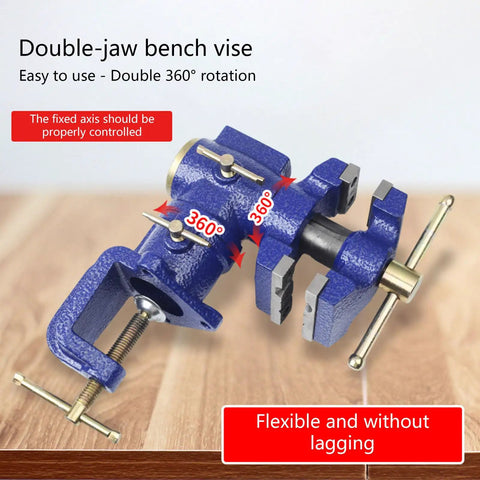 High Strength Carbon Steel Woodworking Bench Vise With 360 Rotation And Dual Control Clamps For Precise Heavy Duty Hand Tool Craftsman Gear close-up of double-jaw design with 360-degree rotation.