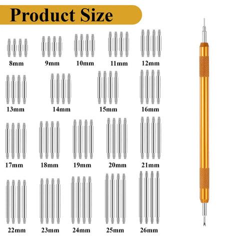Heavy Duty Watch Band Pins And Spring Bar Tool Kit With 76 Stainless Steel Pins of various sizes from 8-26mm displayed