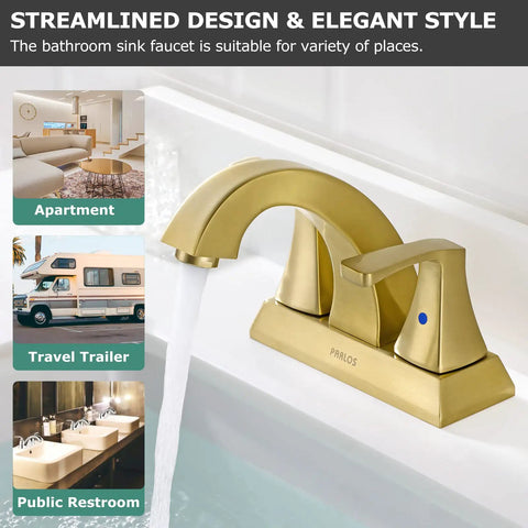 Close-up of brushed gold two-handle bathroom faucet with water flow, metal pop-up drain, and supply lines, ideal for apartments.