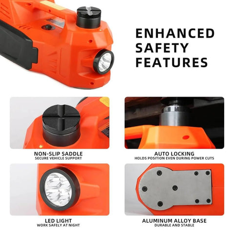Close-up of Electric Car Jack 5 Ton Hydraulic Floor Jack with LED light and enhanced safety features for SUV sedan truck.