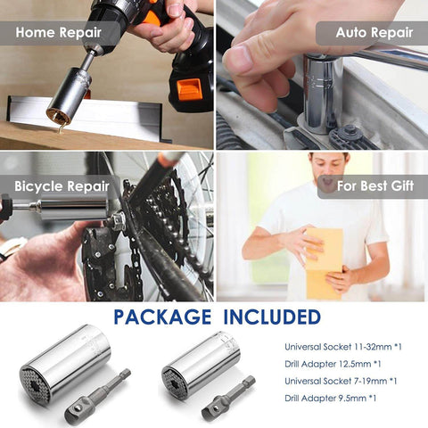 11 To 32mm And 7 To 19mm Auto Adjust Universal Socket Wrench Set For Drills All In One Multi Tool With Power Drill Adapters