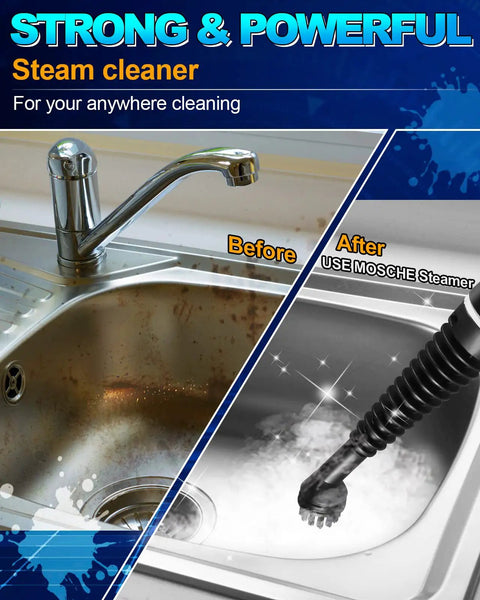 Before and after cleaning a sink with Powerful Handheld Pressurized Steam Cleaner With 11-Piece Accessory Kit For Multi-Surface Cleaning.