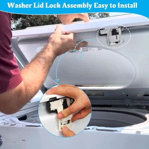 Installation of Washing Machine Lid Lock Replacement Assembly Compatible With Major Front Load Washers on a washer.