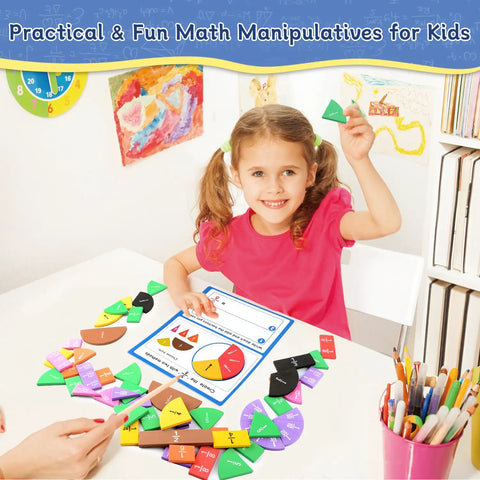 Child engaging with Fraction Tiles And Circles Set For Homeroom Math Mastery With Fraction Manipulatives For 4th Grade Students