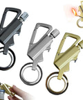Three Pack Infinity Lighter Multitool Keychain With Bottle Opener Refillable Metal Lighter For Camping And Hiking Built Tough For Outdoorsy Guys Gift For Men, showing three colors.