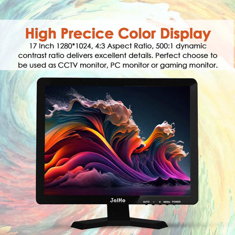 17-Inch 4:3 Security Monitor with 1280x1024 resolution displaying vibrant colors against a colorful background, with black metal frame.