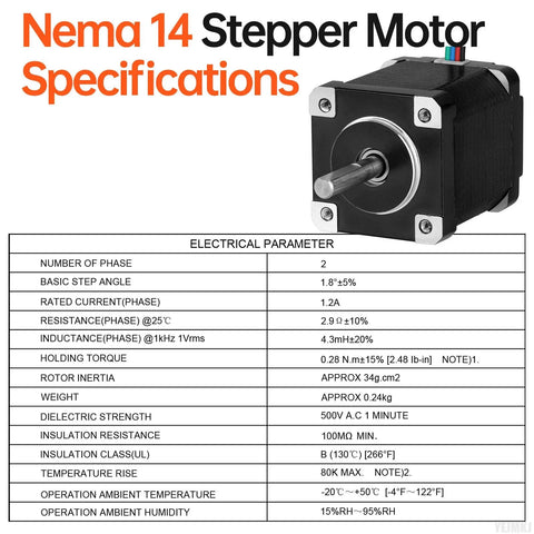 Front view of black NEMA 14 bipolar stepper motor, 2-phase, 1.8° step, 35×44 mm, 24 mm shaft, 1 m cable.