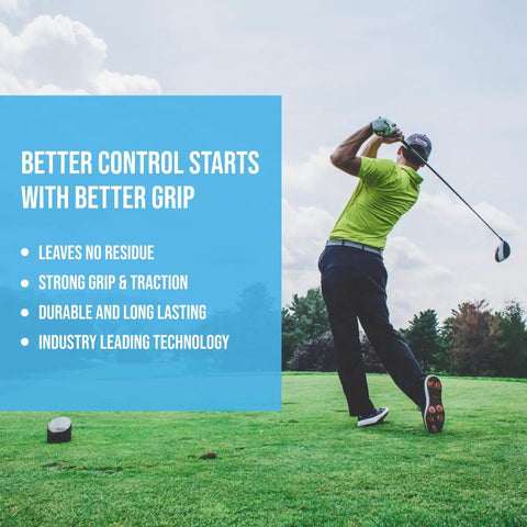Golfer swinging club with text 'Better Control Starts with Better Grip' highlighting benefits of golf grip tape.