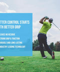 Golfer swinging on course with text highlighting benefits: no residue, strong grip, durability, industry tech; Solvent Activated Golf Grip Tape Pro Grade 2 Inch By 10 Inch Double Sided Strips, 15 Pre Cut Regripping Pieces For Wood Iron Wedge And Putter, Easy To Peel Adhesive For Quick Club Regrips.