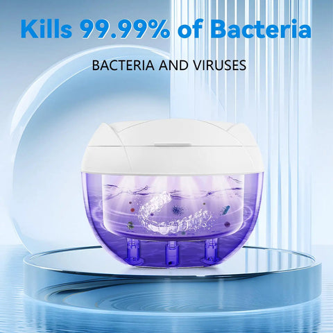 Ultrasonic Retainer Cleaner Machine With 45KHz Cleaning Power For Dentures, Aligners, Mouth Guards, Night Guards, Toothbrush Heads And Jewelry, Four Cleaning Modes, Digital Timer, 200ml Capacity, White shown with purple water tank