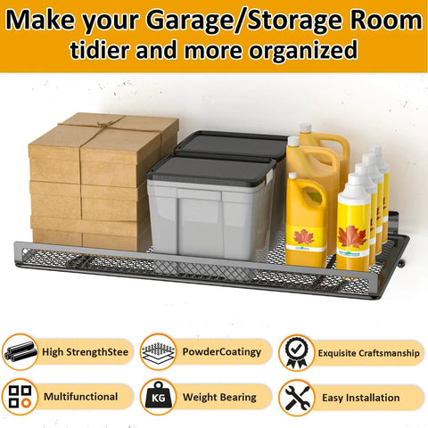 2 Pack Wall Mounted Garage Shelves 16.5 Inch By 12.2 Inch Heavy Duty Holds Up To 160 Lbs Space Saving Organizer displayed with boxes and containers