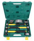 7 Piece Auto Body Repair Kit With Carbon Steel Hammer And Dolly Set in green toolbox, includes various heavy duty dent tools