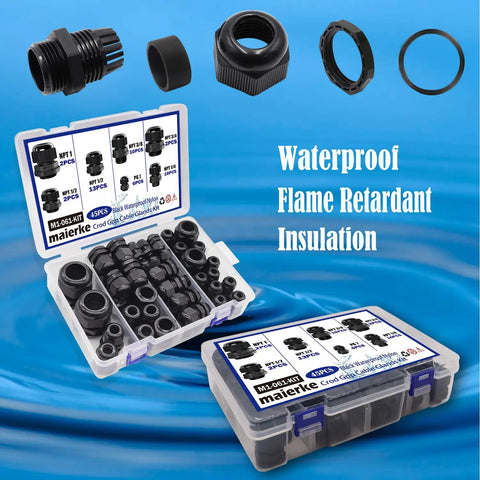 45 Piece Cord Grip Cable Glands Kit Waterproof Adjustable NPT Glands in various sizes with PG7 PA66 nylon strain relief connectors and gaskets.