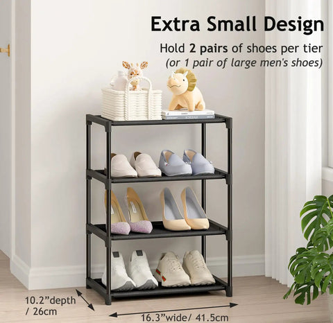 Four Tier Black Shoe Rack Compact Space Saver Shelf For Entryway Storage Heavy Metal Frame Stand That Is Totally Built Different And Gonna Organize Your Life Smoothly Without Any Hassle At All Today