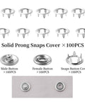 100 Full Snap Button Sets 9.5mm Metal Snaps With Silver Hollow Prongs Includes Pliers Press Tool Kit For DIY Clothing, Sewing And Crafts Super Handy For Quick Replacements, Repairs And Creative Projects 400 Pieces Total showing prongs and buttons.