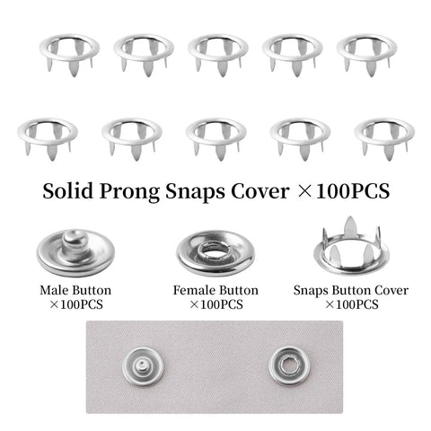 100 Full Snap Button Sets 9.5mm Metal Snaps With Silver Hollow Prongs Includes Pliers Press Tool Kit For DIY Clothing, Sewing And Crafts Super Handy For Quick Replacements, Repairs And Creative Projects 400 Pieces Total showing prongs and buttons.