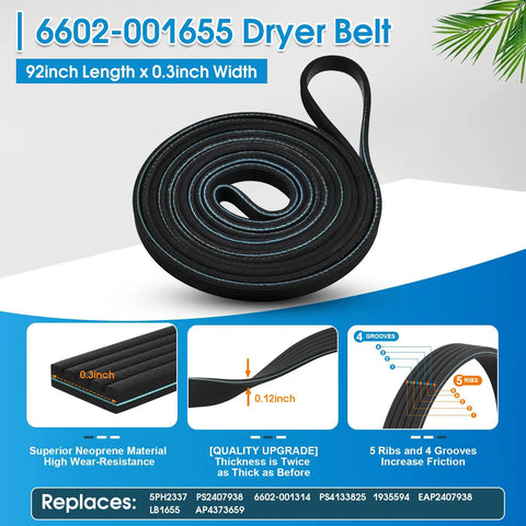 No-Fuss Dryer Repair Kit With Drum Roller DC97-16782A, Belt 6602-001655, And Idler Pulley DC93-00634A 92-inch dryer belt