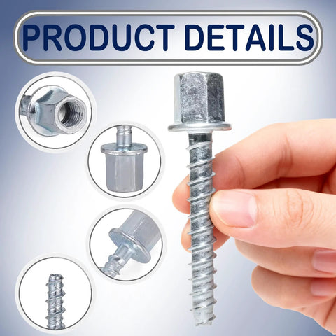 Close-up of a hand holding a Three Eighths Inch Concrete Threaded Vertical Rod Anchor with One Quarter Inch Shank and One And One Half Inch Length in Galvanized Carbon Steel Silver.