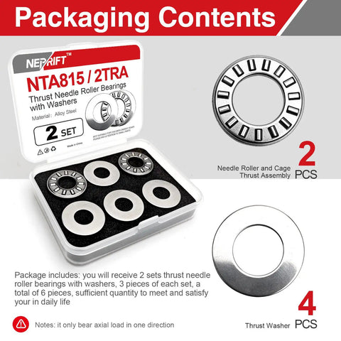 Heavy Duty Thrust Needle Roller Bearings With Washers, Two Sets in packaging for lawn mowers and automotive use.