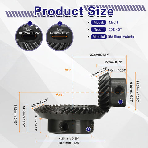 90 Degree Bevel Gear Set Beefed Up Two Piece 1 Mod Spiral Ground Bevel Gears With 20 Teeth Left Hand 6mm Bore And 40 Teeth Right Hand 8mm Bore For Mechanical Rotation shown with dimensions and material details.