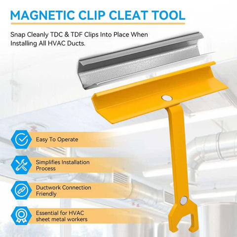 Duct Cleat Tool for HVAC Ductwork with 6 Inch Magnetic Clip System, shown with TDC and TDF clips, ideal for tight space installations.