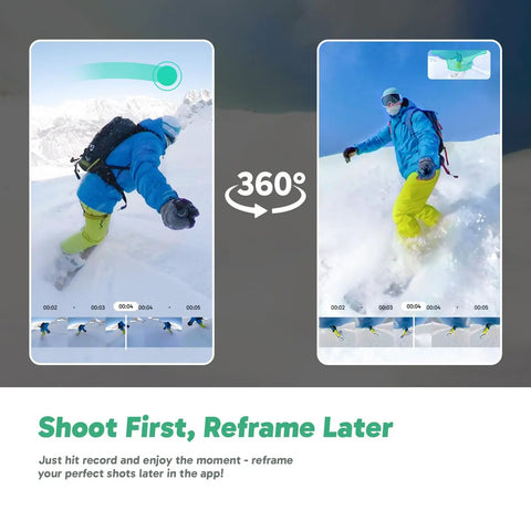 Weatherproof 5.7K 360 Video Action Camera Creator Bundle capturing snowboarding with 72MP 360 photos and AI tracking