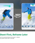Snowboarder captured with Dope 360 Action Camera Drone View Kit With 5.7K 360 Video in dual view mode showing frame selection.