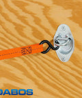 Heavy Duty Retractable Tie Down Straps Bulk 640 Count two pallets with orange strap and zinc coated s hook attached to a metal anchor.