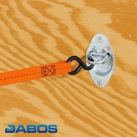 Heavy Duty Retractable Tie Down Straps Bulk 640 Count two pallets with orange strap and zinc coated s hook attached to a metal anchor.
