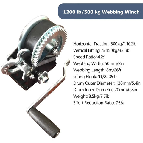 Beefy Heavy Duty Portable Winch 1200Lb Hoist With Hook And Webbing Strap 26Ft Ultra Rugged Cable For Outdoor And Industrial Lifting Compact And Rust Resistant Marine Grade Frame Easy Hoist For Towing Recovery And Lifting Tasks. manual webbing winch with handle