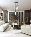 Modern living room with Dimmable LED Ceiling Pendant Light With Six Lights, crystal bubble shade, adjustable height