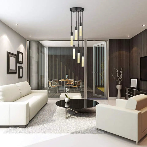 Modern living room with Dimmable LED Ceiling Pendant Light With Six Lights, crystal bubble shade, adjustable height