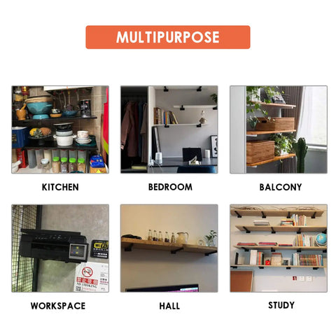 Multipurpose use of heavy duty 8 inch floating shelf brackets wall mounted metal supports with screws and anchors in various rooms.
