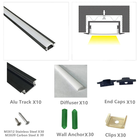 10 Pack 3.3ft LED Aluminum Channel Diffuser Kit With Milky Cover For Under Cabinet Lighting, Matte Black Anodized Track, Accessories Included