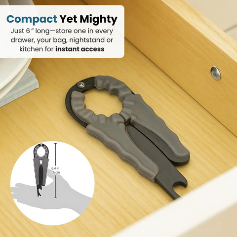 3 In 1 Bottle Opener For Jars Bottles And Cans No Sweat Easy Grip Tool For Weak Hands Twist Caps Pull Tabs Pop Tops Small Lids Arthritis Aid Manual Kitchen Tool Black, 6.4 in compact opener in drawer