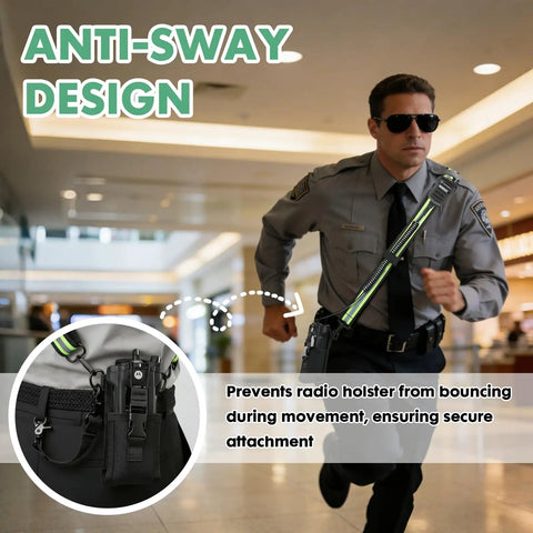 Security officer wearing Firefighter Radio Strap And Holder With Reflective Adjustable Shoulder Mic Clip For Walkie Talkie, black nylon.