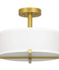 Gold Brass Drum Ceiling Light Fixture With Fabric Shade Modern Semi Flush Mount Three Light Fixture for living room bedroom kitchen hallway.