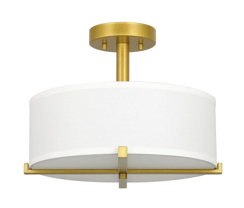 Gold Brass Drum Ceiling Light Fixture With Fabric Shade Modern Semi Flush Mount Three Light Fixture for living room bedroom kitchen hallway.