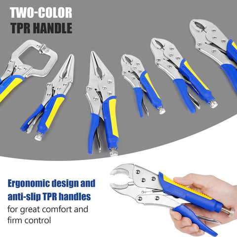 Heavy-Duty Locking Pliers Set With Curved Jaw Vise Grips And Needle Nose Pliers, Includes 5, 7, And 10 Inch Curved Jaws Plus 6-1/2 And 9-1/2 Inch Needle Nose, And A 6 Inch C Clamp For Woodworking, Metalworking And Welding, Tough Carbon Steel.