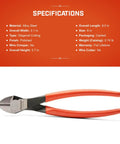 Heavy Duty 8 Inch Diagonal Cutting Pliers With Angled Head For Precision Wire Cutting Offset And Flush Cuts Built To Last Tough As Nails Comfort Dual Material Grips Durable Wire And Cable Cutting Model 5428CVN displayed against specification chart