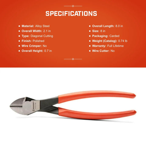 Heavy Duty 8 Inch Diagonal Cutting Pliers With Angled Head For Precision Wire Cutting Offset And Flush Cuts Built To Last Tough As Nails Comfort Dual Material Grips Durable Wire And Cable Cutting Model 5428CVN displayed against specification chart