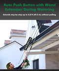 Person using extra long all metal telescoping watering wand with 180 degree adjustable ratcheting head and four spray patterns, thumb flow control to water high hanging plants.