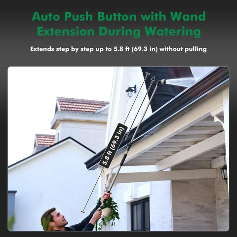 Person using extra long all metal telescoping watering wand with 180 degree adjustable ratcheting head and four spray patterns, thumb flow control to water high hanging plants.