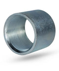 Heavy Duty 5 Inch Straight Merchant Steel Pipe Coupler Built Solid For Rough And Ready Site Work Featuring Galvanized Rust Proof Coating and secure female threads.