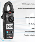 Digital Clamp Meter Multimeter With True RMS Auto Ranging 100A 600V showing features, including NCV probe and AC/DC current jaws.