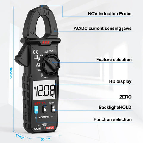 Digital Clamp Meter Multimeter With True RMS Auto Ranging 100A 600V showing features, including NCV probe and AC/DC current jaws.